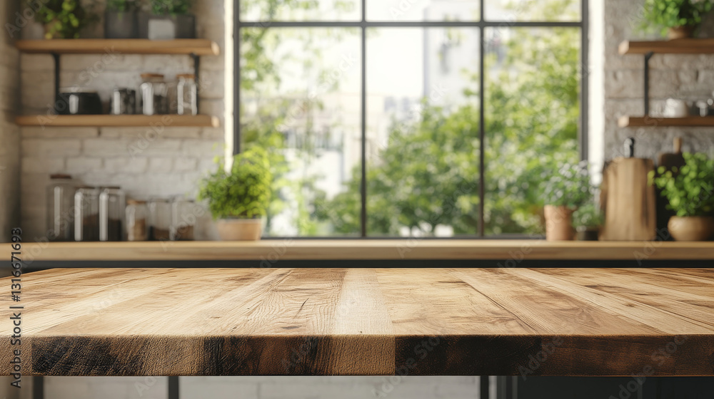 Aufkleber a wooden tabletop set against a softly blurred background of a kitchen shelf and window, creating a 
