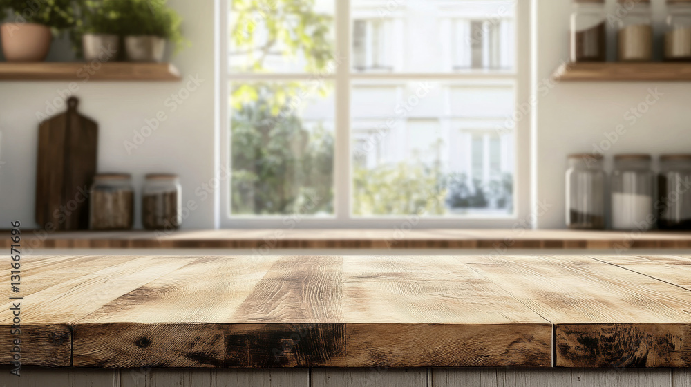 Poster a wooden tabletop set against a softly blurred background of a kitchen shelf and window, creating a 