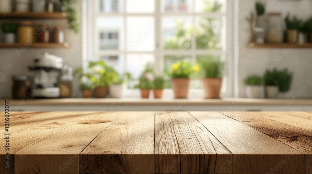 Aufkleber a wooden tabletop set against a softly blurred background of a kitchen shelf and window, creating a 