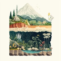 Cross section illustration displays layers of land with mountain and nature