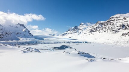 a beautiful landscape in a snowy mountain area under a clear blue sky.