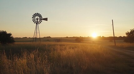 a windmill stands in a field at sunset.