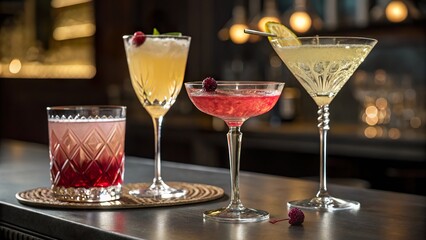 Unique specialty cocktails served in artistic hand blown glassware at a stylish bar during a vibrant evening gathering with friends