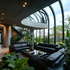 Fototapeta premium Modern home interior with curved glass walls, black leather sofas, and lush greenery.