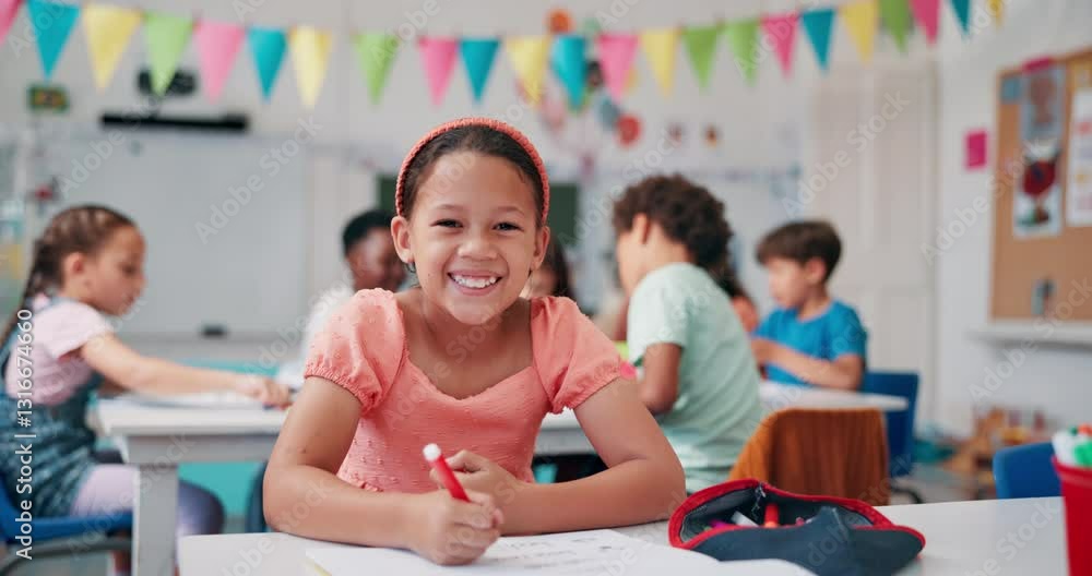 Poster girl, child and writing with face in classroom with books, study and smile for knowledge at school. 