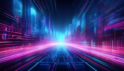 Cyberpunk-inspired background with glowing neon blue and pink lines, soft blur effects, and a futuristic atmosphere. High-tech, digital aesthetic with a sleek, vibrant, and immersive sci-fi feel.
