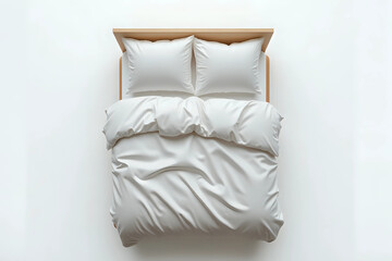 Elegant bed with soft duvet, bedding and pillows on white background, top view