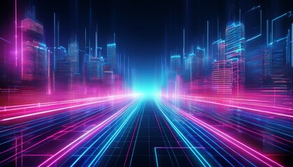 Cyberpunk-inspired background with glowing neon blue and pink lines, soft blur effects, and a futuristic atmosphere. High-tech, digital aesthetic with a sleek, vibrant, and immersive sci-fi feel.
