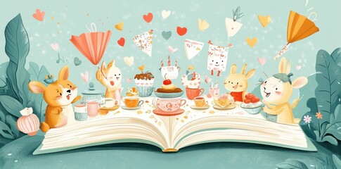 A whimsical book scene shows rabbits enjoying a tea party