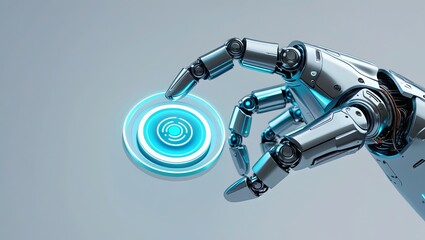 Futuristic Cybernetic Hand Pressing a Virtual Button on White Background