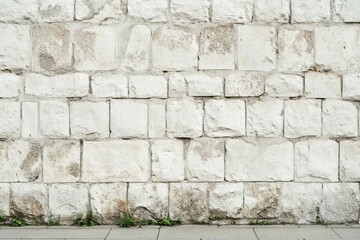 Fototapeta premium Weathered stone wall with sidewalk at base. AI generated
