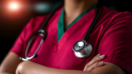 Medical Professional Wearing Scrubs And A Stethoscope Posing Confidently