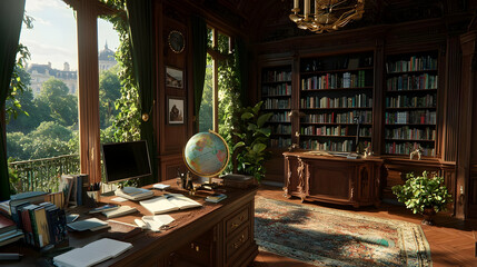 Cozy Home Office with Globe, Bookshelves, and Natural Light