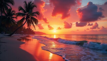 Vibrant Tropical Sunset with Silhouetted Palms