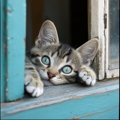 Obraz premium Cozy cat photography close-up of a cat peeking through window
