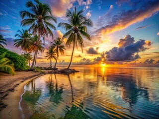 Serene sunset paints Shore Tranquility Bay's peaceful ocean, calm waters reflecting tranquility.