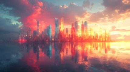 Fototapeta premium Dreamlike Cityscape with Transparent Buildings at Sunset Reflection