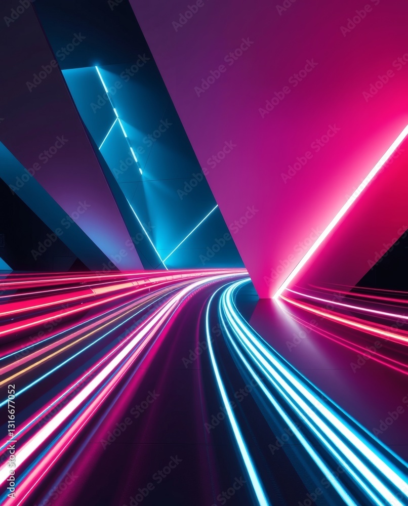 Poster abstract neon lights creating an futuristic tunnel with fast blurred light trails
