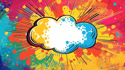 A colorful, comic book style background with a speech bubble.