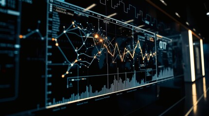 complex data visualization on a large screen display in a modern and futuristic setting, showing charts and graphs