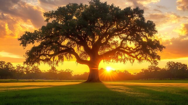 Silhouette of a majestic oak tree against a sunset sky