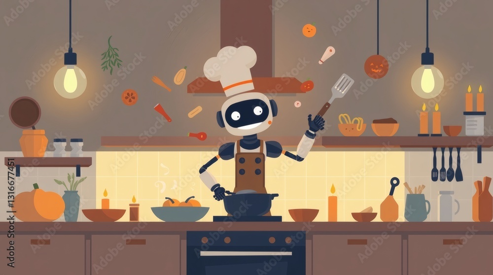 Poster a robot chef cooking in a kitchen setting with lights and vegetables. the robot is smiling, cheerful