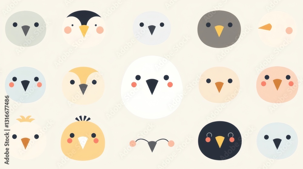 Poster a collection of adorable bird faces with different expressions and colors. perfect for children's de