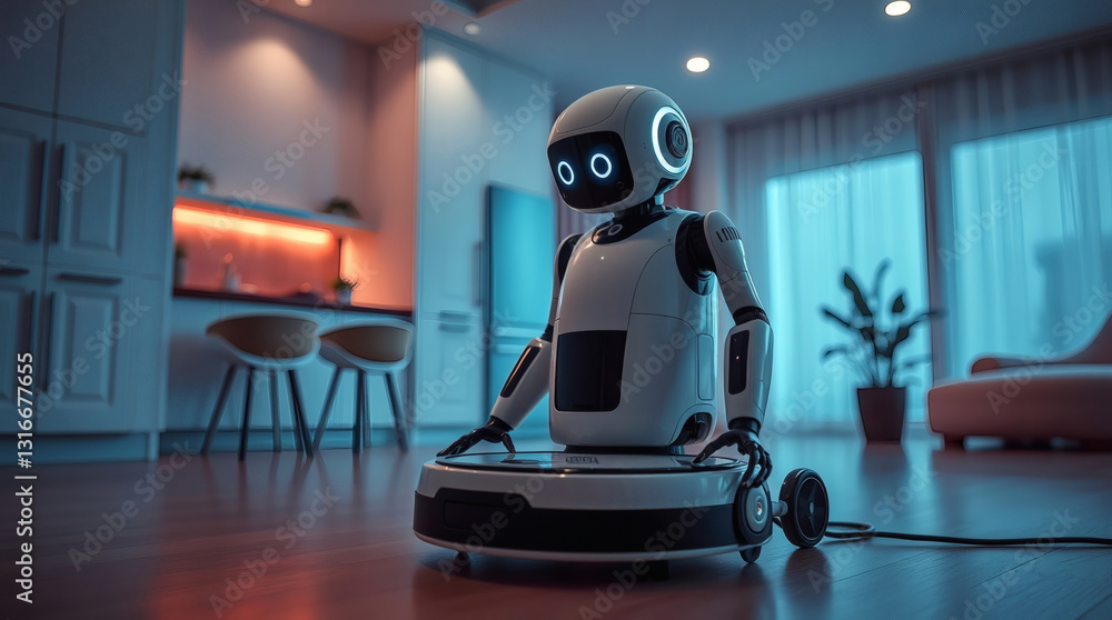 Poster a robot vacuum cleaner is cleaning the floor in a modern home setting, the robot's appearance sugges