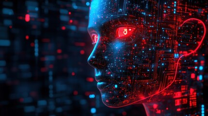 Cybernetic woman profile, digital circuitry background, futuristic,  technology