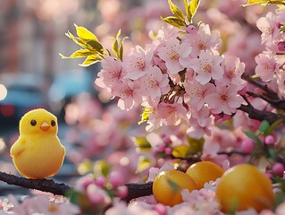 Chick on branch, cherry blossoms, urban spring