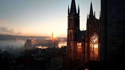 Obraz premium A beautiful sunrise illuminates an old cathedral in the city