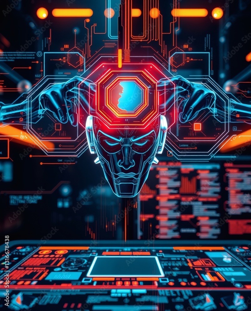 Poster a futuristic illustration of a digital head and circuit board, representing the future of technology