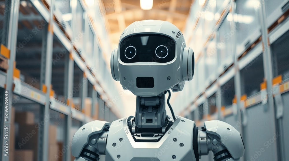 Poster a robot in a modern storage facility, symbolizing the future of automation and technology