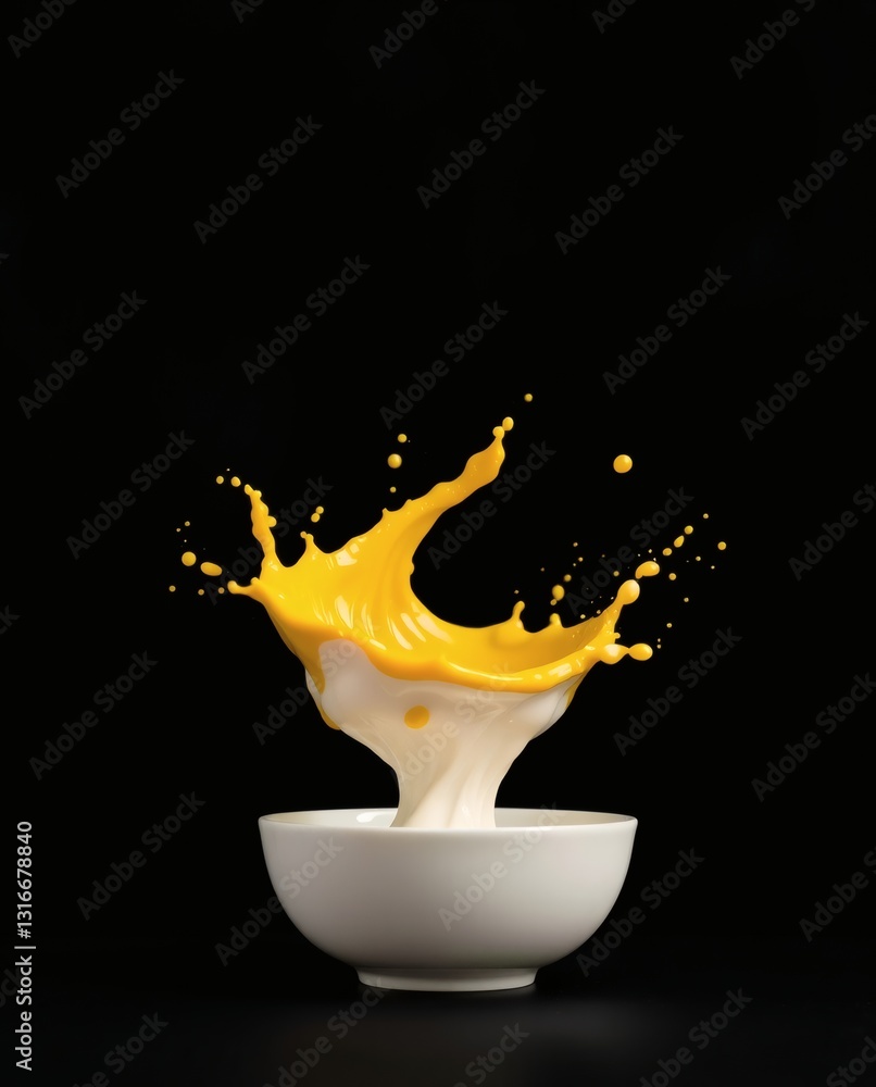 Poster a close-up studio shot of vibrant splash of yellow liquid from a bowl on a dark background. the imag