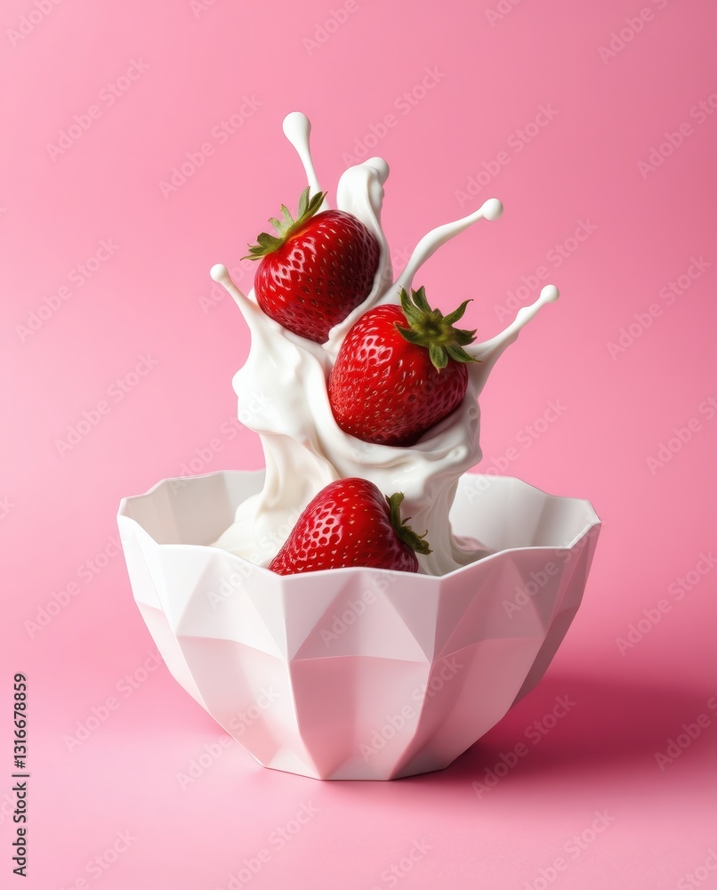 Poster fresh strawberries and cream splashing in a white bowl. the vibrant red strawberries contrast agains