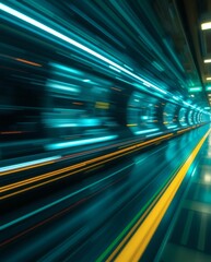 a high-speed train streaks through a tunnel, leaving a vibrant blue and yellow trail of light