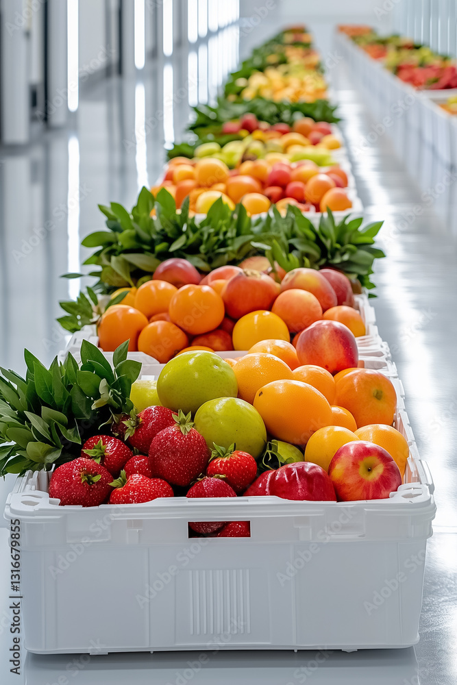 Poster vibrant crates filled with assorted fresh fruits are neatly arranged in a cold storage facility. bri