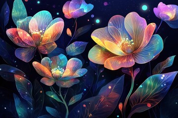 Colorful glowing flowers and leaves against a dark background