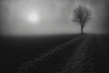 Foggy morning in a rural field with a lone tree