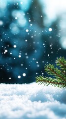Enchanting Winter Scene Crisp White Snow Drifts With Icy Blue And Emerald Green Hues Majestic Pine Branch Detail Creating Breathtaking Background Image For Your Projects