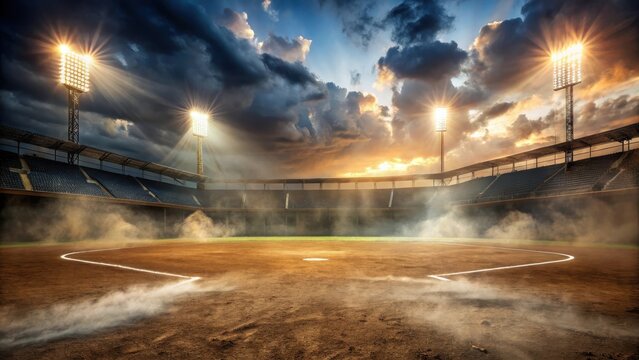 Eerie Baseball Field at Sunset Over the Fading Ballpark, with smoke and dust rising under bright stadium lights, peaceful, old