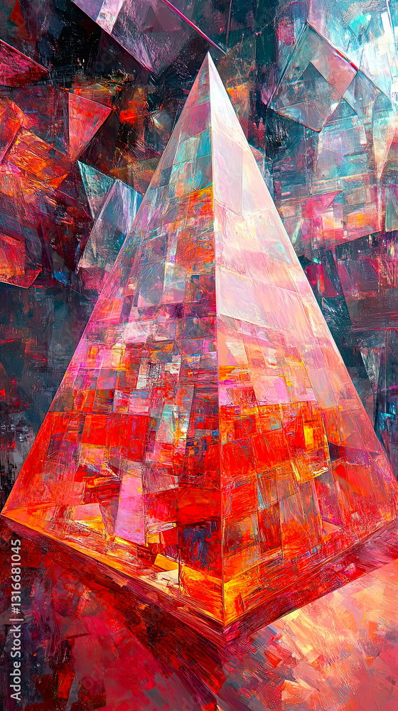 Poster colorful light refracts through a glass pyramid, creating a mesmerizing display of prismatic hues