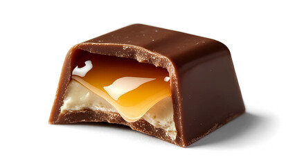 A caramel-filled chocolate piece with a glossy outer shell, dripping with golden caramel from the inside