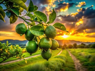 Sunset silhouettes vibrant green lemon trees, backlit citrus orchard glows.