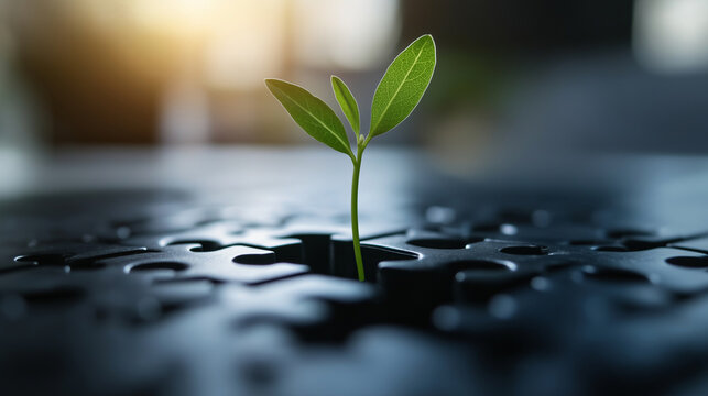 A delicate green sprout emerging through interlocked puzzle pieces, symbolizing the seamless integration of sustainability into intricate systems and strategic planning.