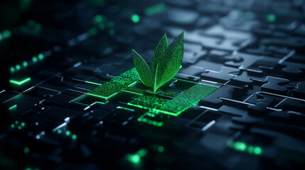 A futuristic scene where a glowing green plant emerges through high-tech puzzle pieces, symbolizing the synergy of innovation and sustainability in modern solutions.