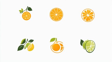 Citrus fruit slices and whole fruits, graphic design elements, possible use in logo or branding for healthy foods