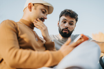 Two friends are engrossed in viewing content on a smart phone, seated outdoors under clear skies....