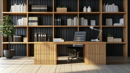 Obraz premium Modern home office with wooden desk and built-in shelving.