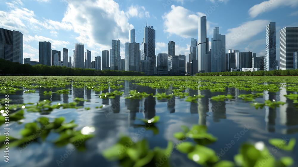 Poster a serene landscape where dense, bright green algae float on water beneath a sprawling metropolis, vi